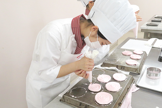 ディスク型に絞る織田製菓専門学校製菓学科製菓コースの学生